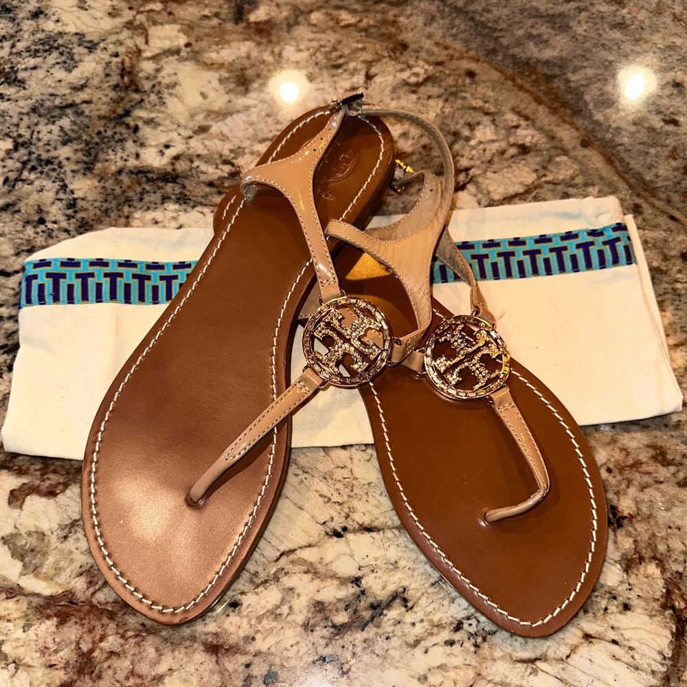 Tory Burch Tan Rose Patent Jewel Thong Sandal - Size 10